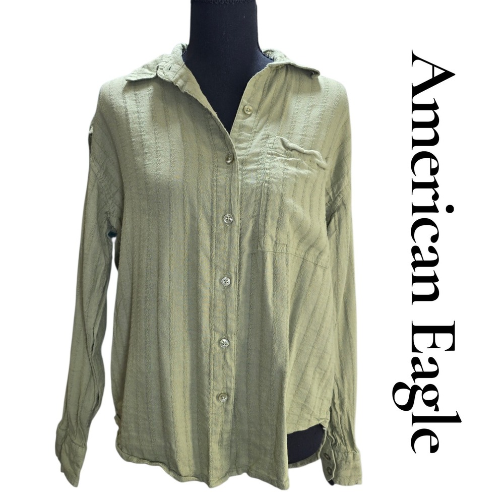 American Eagle Shirt Women XXS Green Cotton Blend Relaxed Textured Button Down